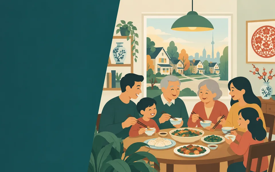跨文化生活插画：北美社区中的多代家庭聚餐