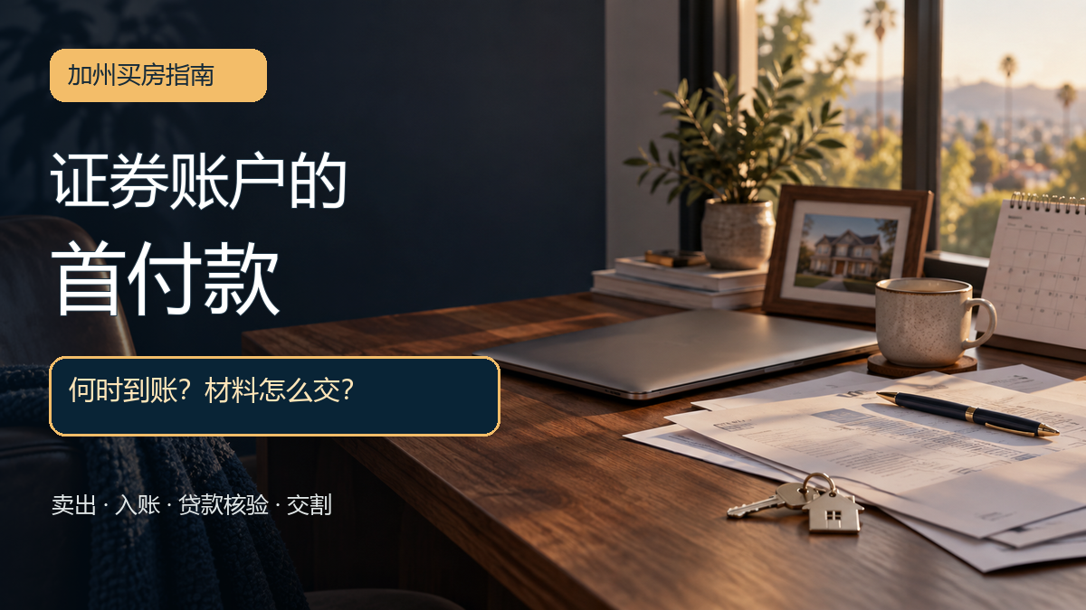 加州买房书桌上的房屋钥匙、日历和账户文件，提示核对证券卖出、银行入账与交割时间
