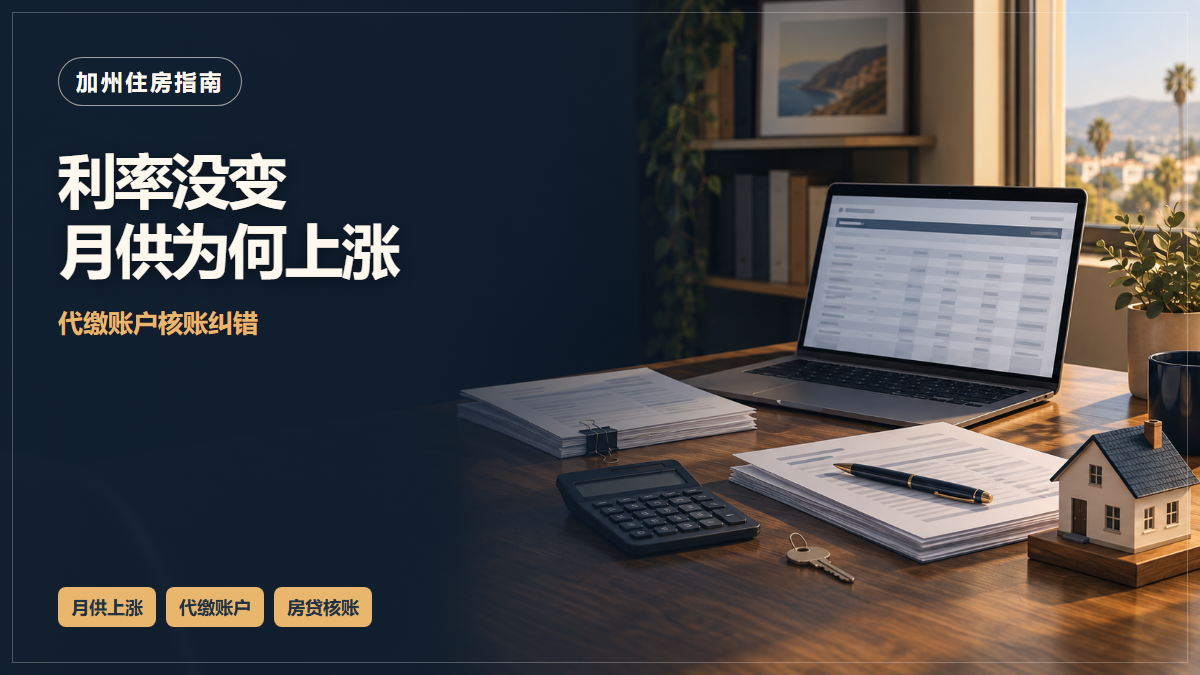 场景示意：桌上的财务资料与核算工具；利率没变月供为何上涨，代缴账户核账纠错。