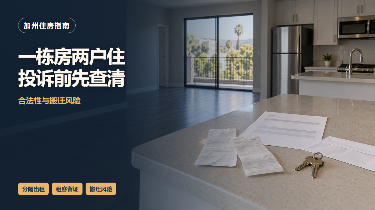 场景示意：租屋内的钥匙与付款资料；一栋房两户住投诉前先查清，合法性与搬迁风险。