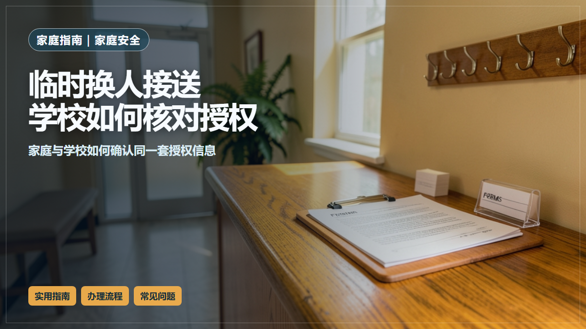 AI生成：日间安静的学校前台柜台，右侧三分之一画面是木质柜台与墙面钥匙架，柜台上放着一块夹着空白表格的写字板、一个合上的牛皮纸文件夹、一叠空白索引卡和一个透明证件套；左侧延续为光线柔和的走廊，可见长椅、盆栽和尽头的玻璃门，画面中无人物。