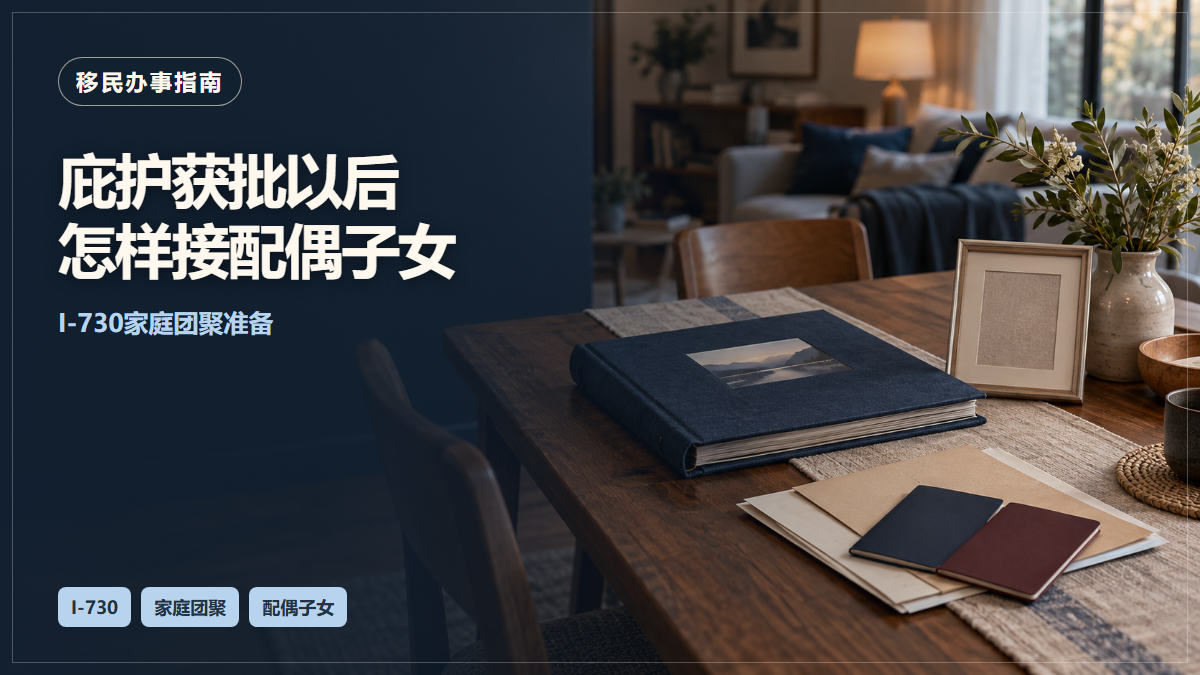场景示意：家中桌上的相册、文件与护照册；庇护获批以后怎样接配偶子女，I-730家庭团聚准备。