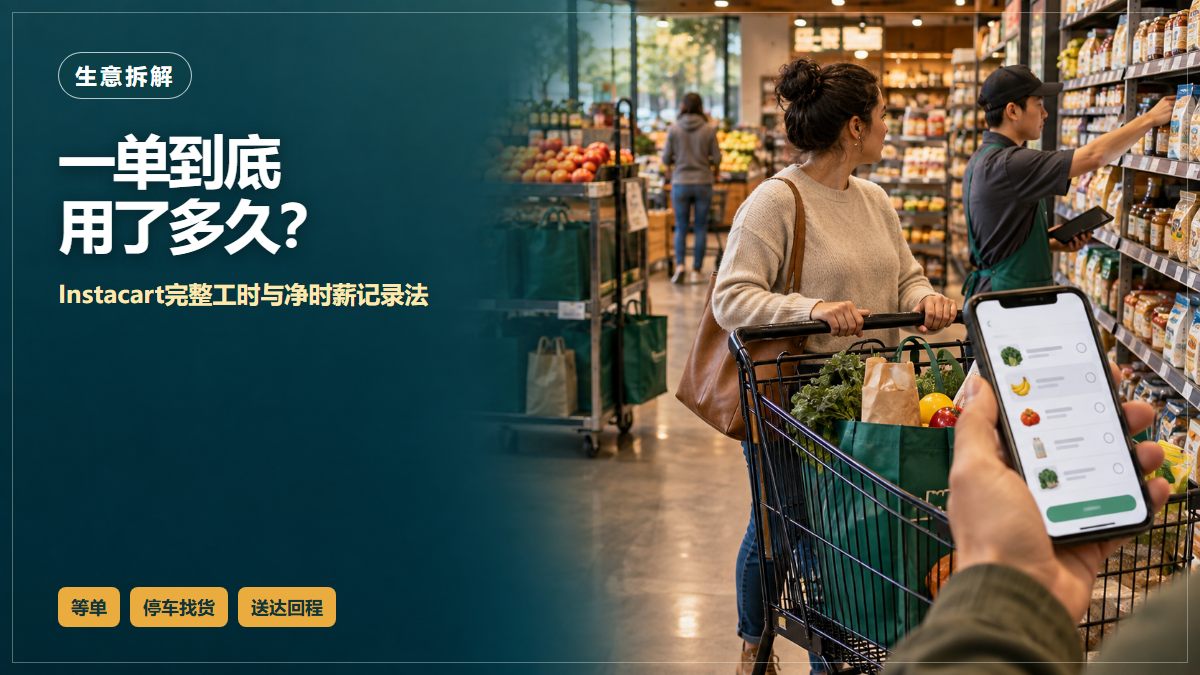 无品牌杂货店购物与手机清单场景，配文说明Instacart完整工时与净时薪记录法