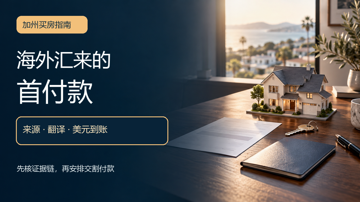 加州买房书桌上的房屋模型、钥匙与资金文件，图中文字提示核对海外首付款的来源、翻译和美元到账
