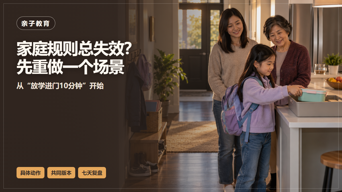 华裔小学生把午餐盒放进厨房托盘，家长和祖母在一旁观察的AI场景示意