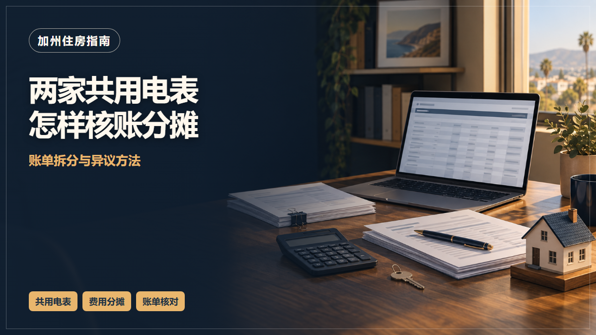 场景示意:桌上的财务资料与核算工具;两家共用电表怎样核账分摊,账单拆分与异议方法。