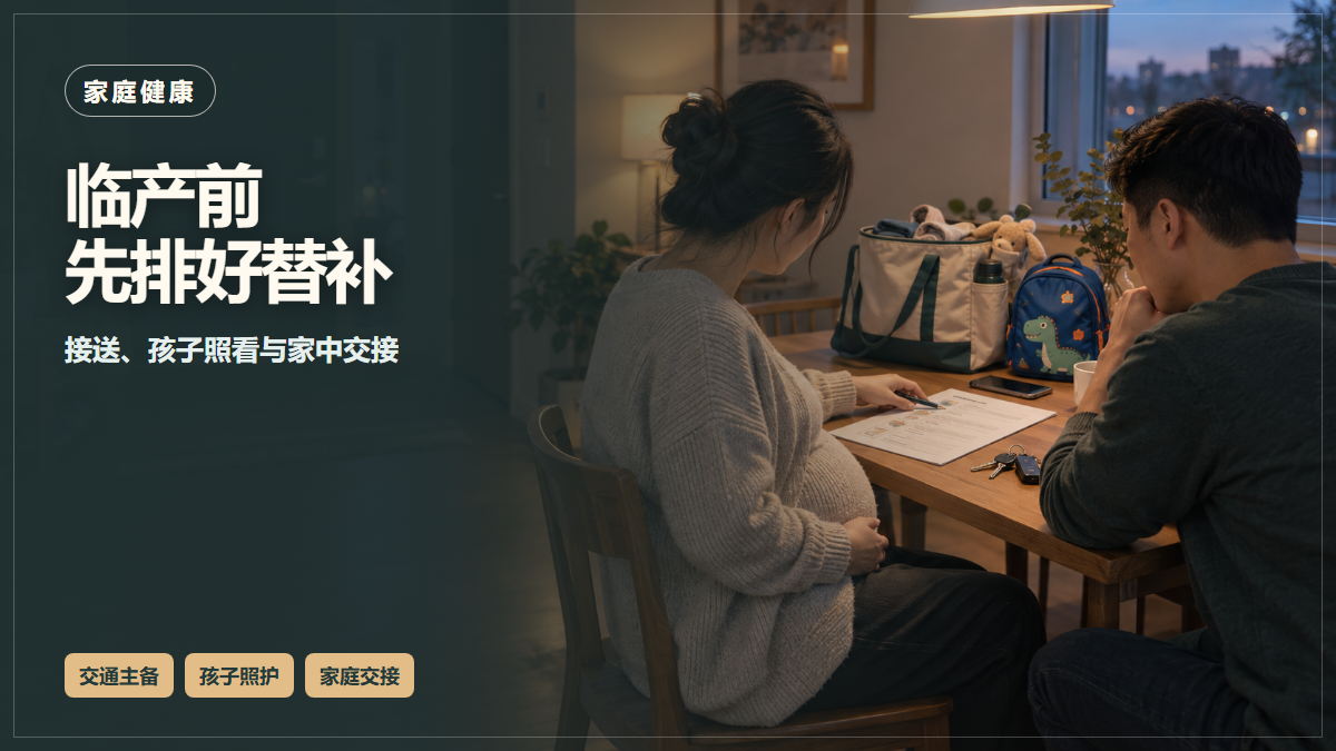 临产家庭在家中餐桌旁核对接送、孩子照看和家庭交接表的AI场景示意