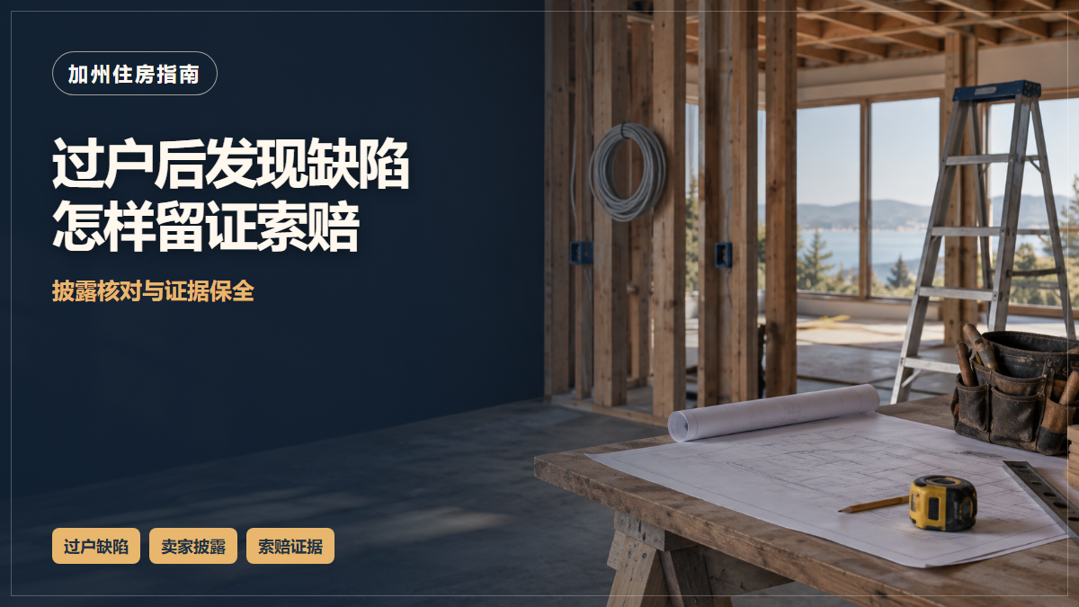 场景示意:装修中的住宅、梯子与施工图纸;过户后发现缺陷怎样留证索赔,披露核对与证据保全。