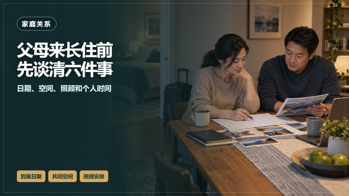 华裔成年伴侣在北美住宅餐桌前查看日历和行程，背景有客房与行李箱的AI场景示意，非真实家庭或现场实拍