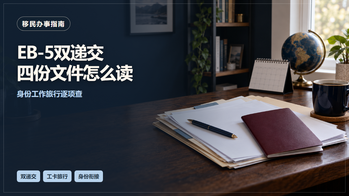 场景示意：桌上的护照册、文件夹与日历；EB-5双递交四份文件怎么读，身份工作旅行逐项查。