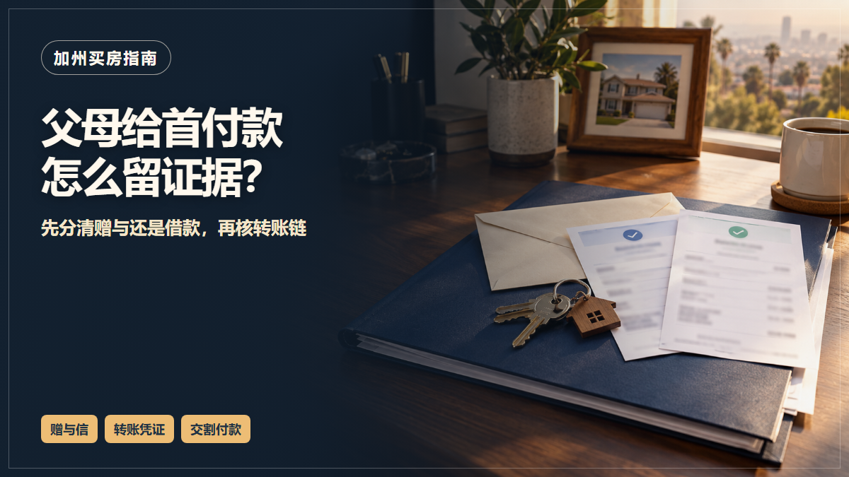加州购房桌上的文件夹、两张无可读个人信息的转账凭证、信封和房屋钥匙;图中文字提示核对父母首付款赠与与转账证据