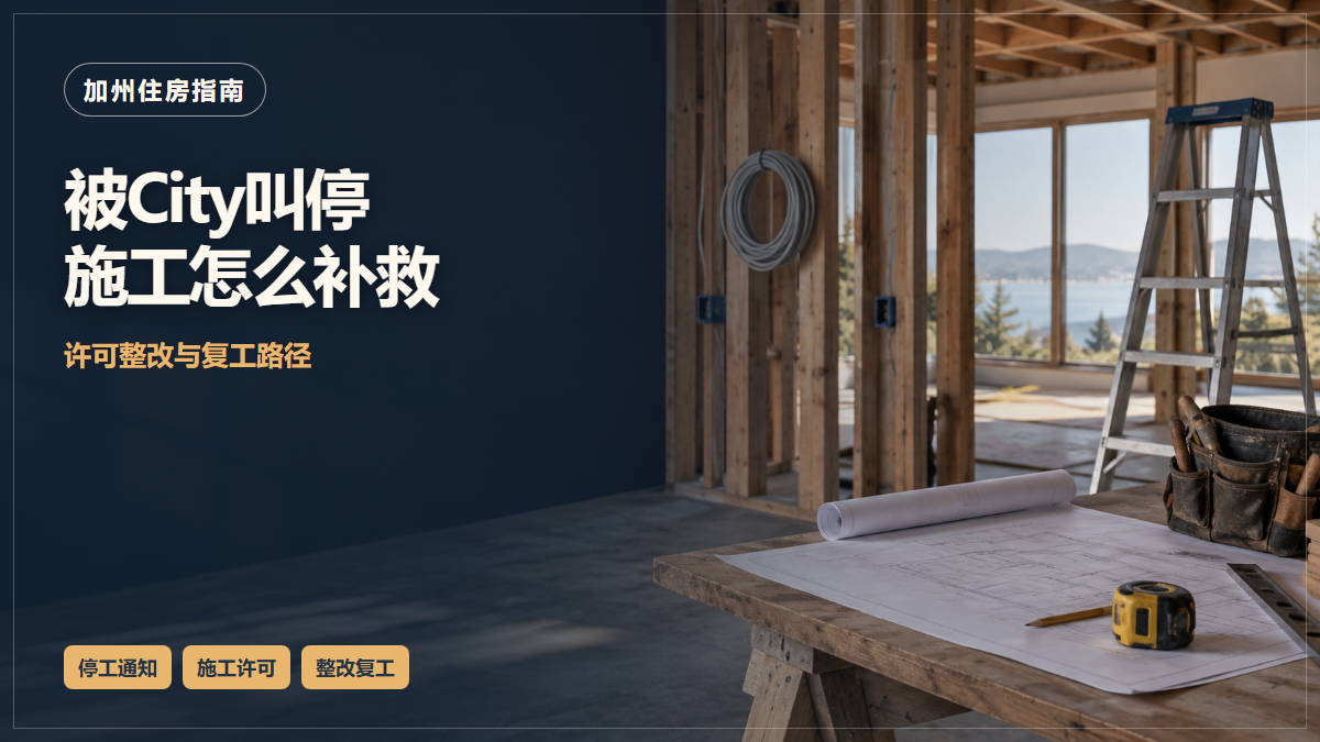 场景示意:装修中的住宅、梯子与施工图纸;被City叫停施工怎么补救,许可整改与复工路径。