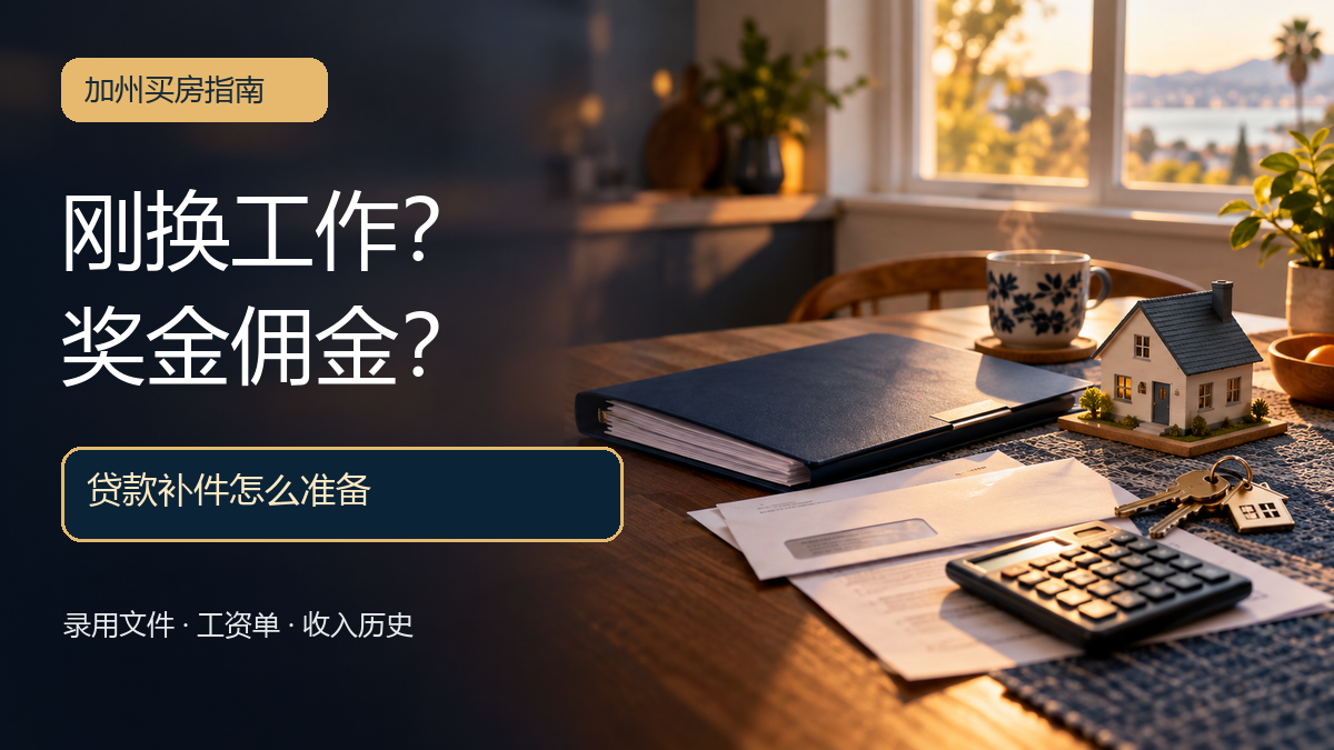 加州买房书桌上的录用文件、计算器、房屋摆件和钥匙，提示核对新工作收入与贷款补件