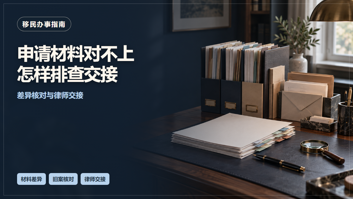 场景示意：按顺序整理的档案、信封与文件夹；申请材料对不上怎样排查交接，差异核对与律师交接。