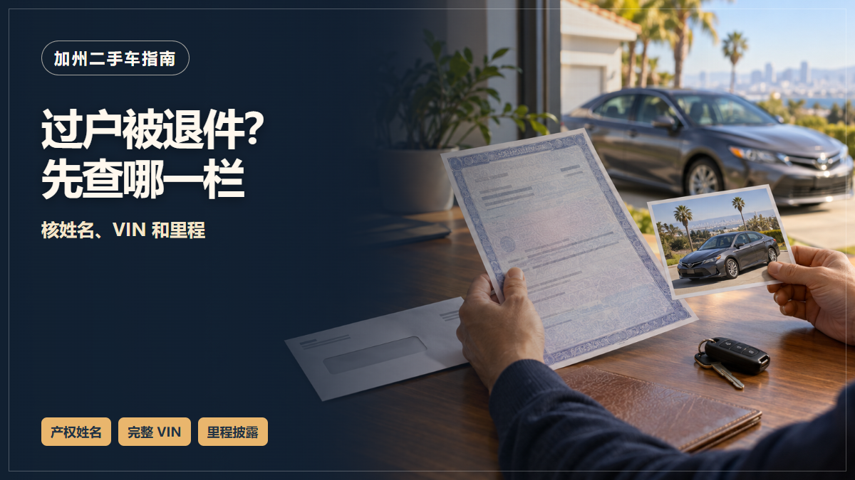 买家在桌前对照二手车产权文件和车辆照片，旁边有车钥匙，窗外停着车辆；图中文字提示过户退件后查姓名、VIN与里程