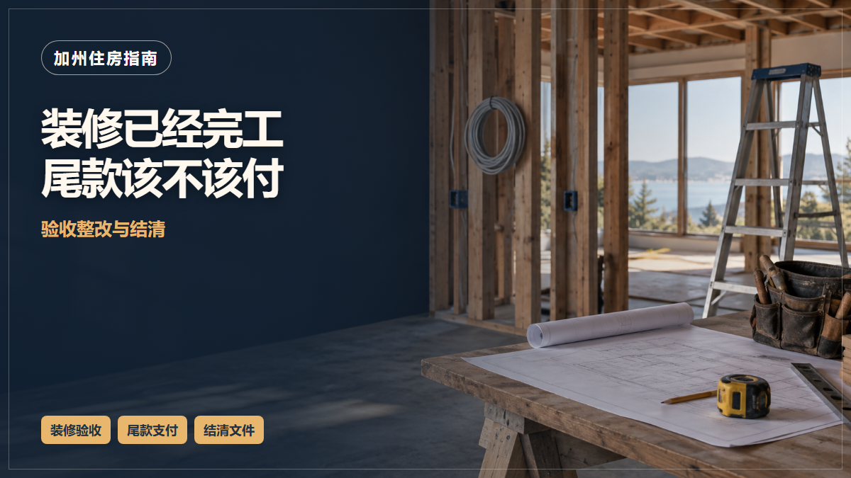 场景示意：装修中的住宅、梯子与施工图纸；装修已经完工尾款该不该付，验收整改与结清。