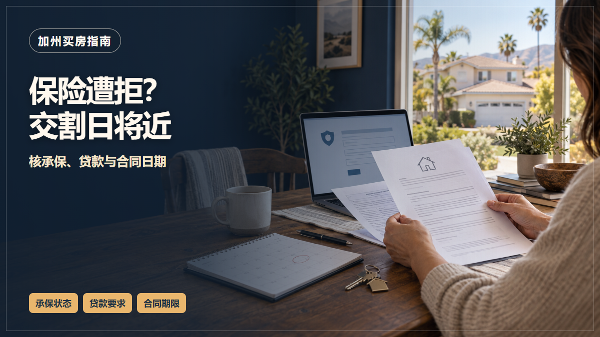 加州买家在交割前查看房屋保险文件，桌上有房屋钥匙与日历；图中文字提示保险遭拒后核承保、贷款与合同日期