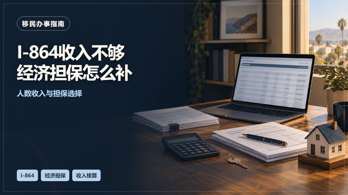 场景示意：桌上的财务资料与核算工具；I-864收入不够经济担保怎么补，人数收入与担保选择。