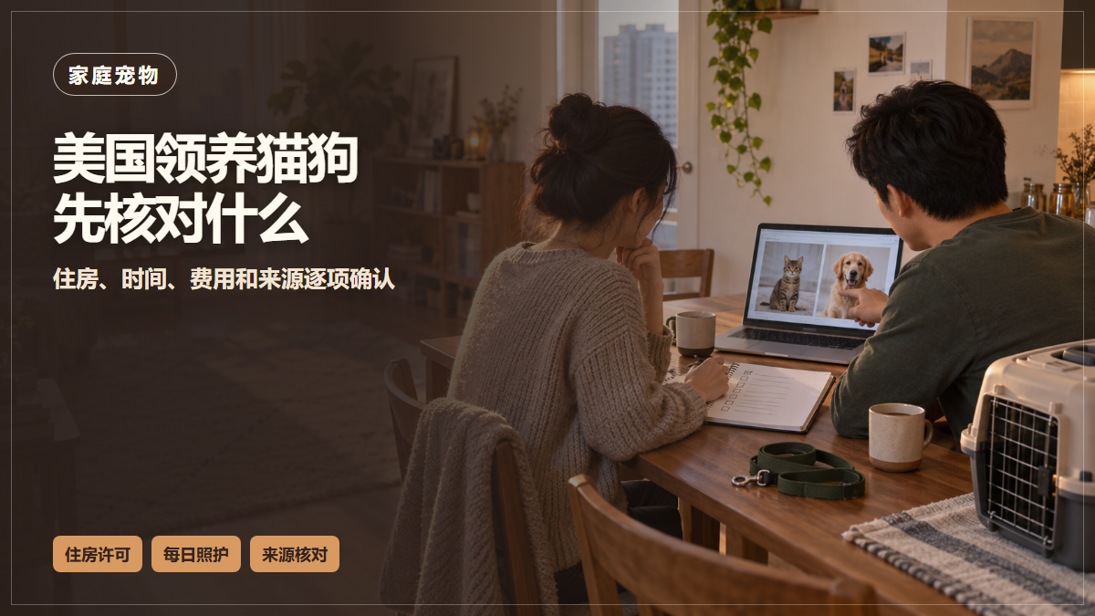 一对华裔成年人在北美公寓内查看猫狗领养资料并填写准备清单的AI场景示意，非现场实拍