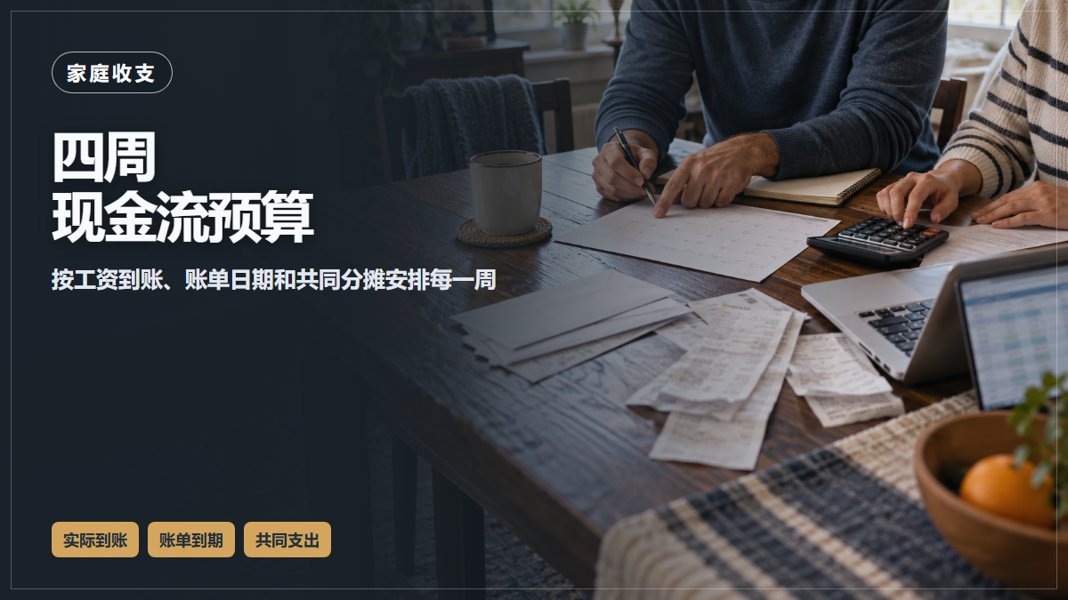两位家庭成员在餐桌上用日历和计算器整理四周收支的AI场景示意