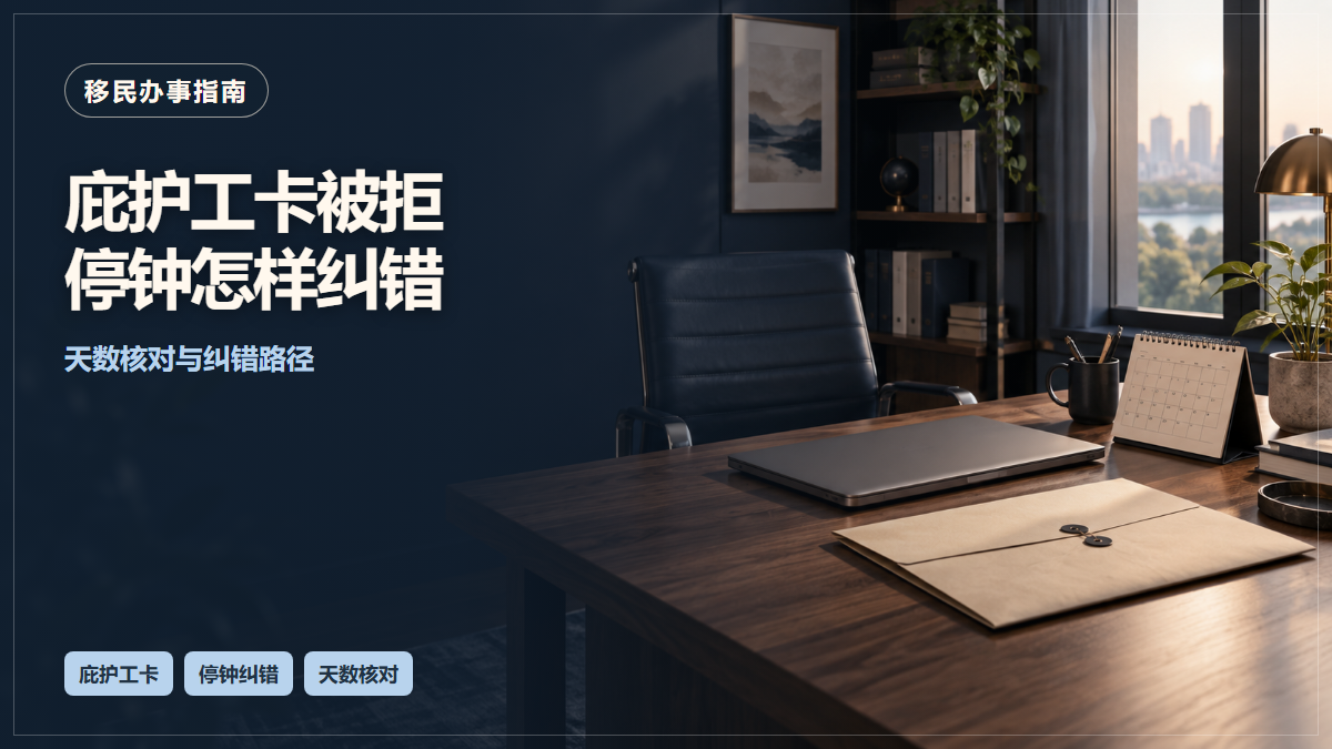 场景示意：办公桌上的电脑、信封与日历；庇护工卡被拒停钟怎样纠错，天数核对与纠错路径。