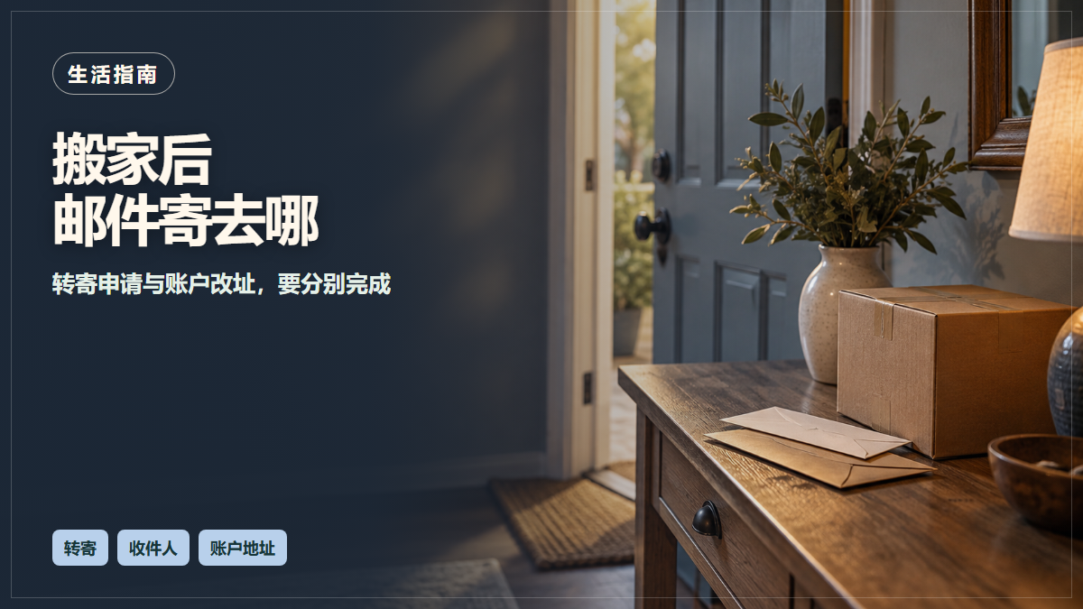 新居门口的纸箱与信封AI场景示意，提醒分别办理邮件转寄和账户改址