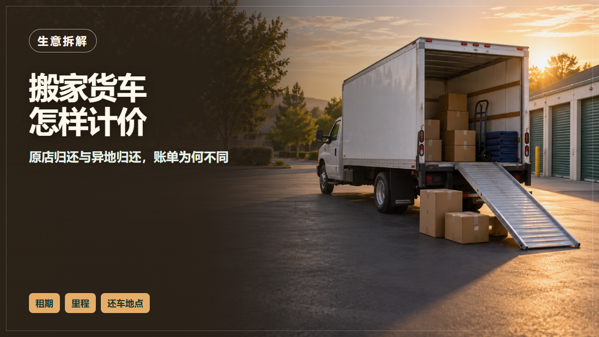 搬家货车、装卸坡道和纸箱的AI场景示意，说明租期、里程与还车地点的计价关系