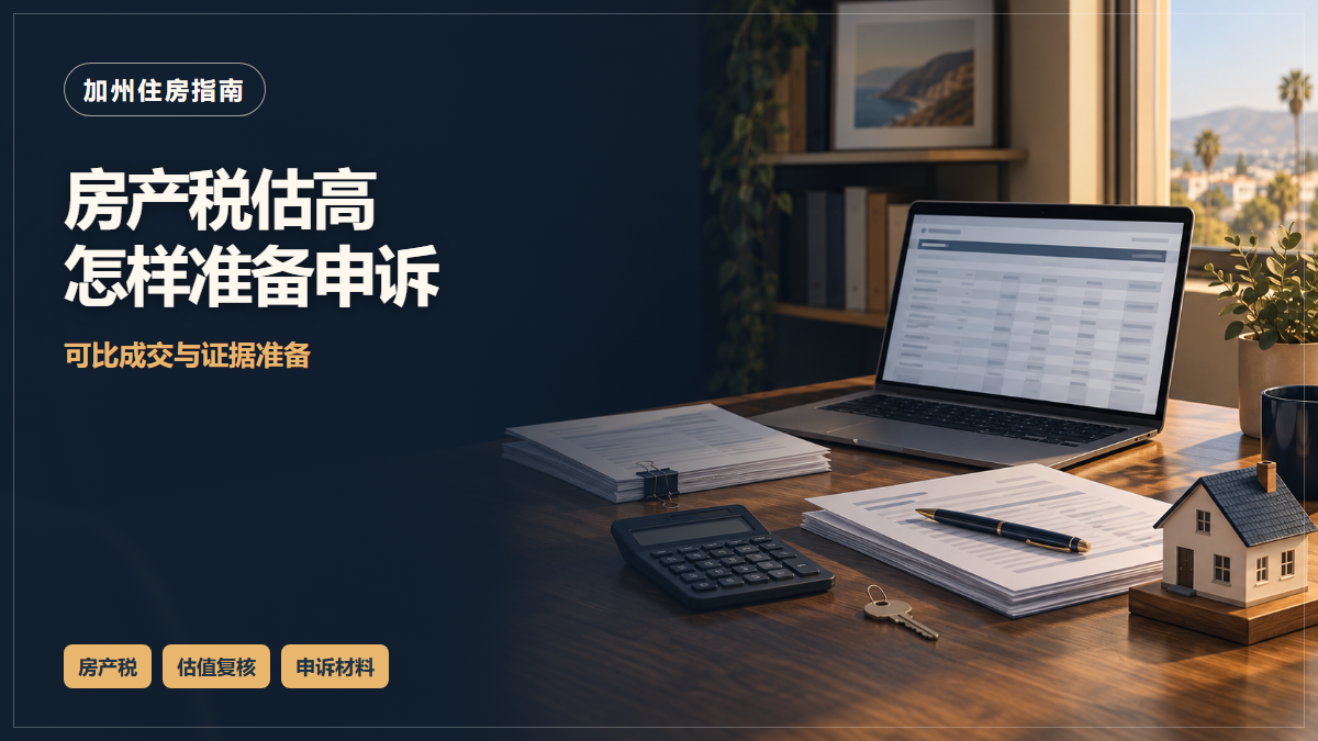 场景示意：桌上的财务资料与核算工具；房产税估高怎样准备申诉，可比成交与证据准备。