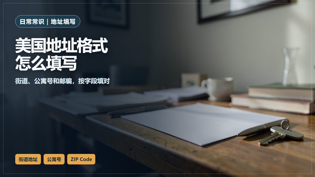 桌上的信封、纸张和钢笔，配合美国地址填写说明。