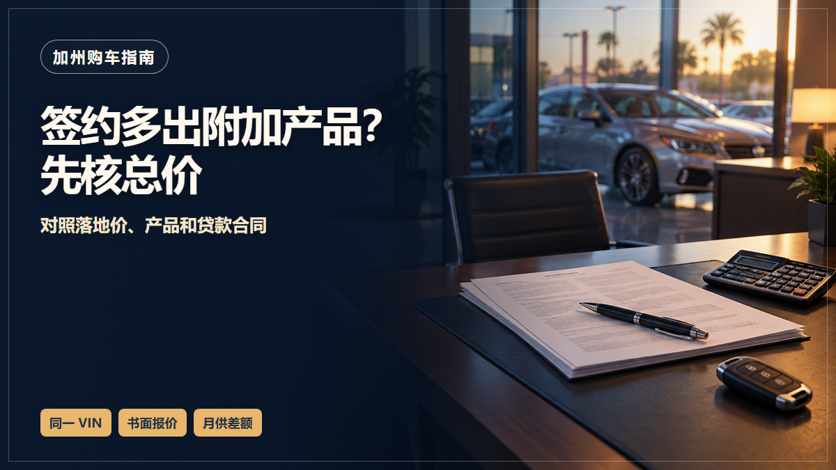 汽车经销商签约桌上的购车文件、计算器和车钥匙，窗外停有车辆；图中文字提示核对附加产品与总价