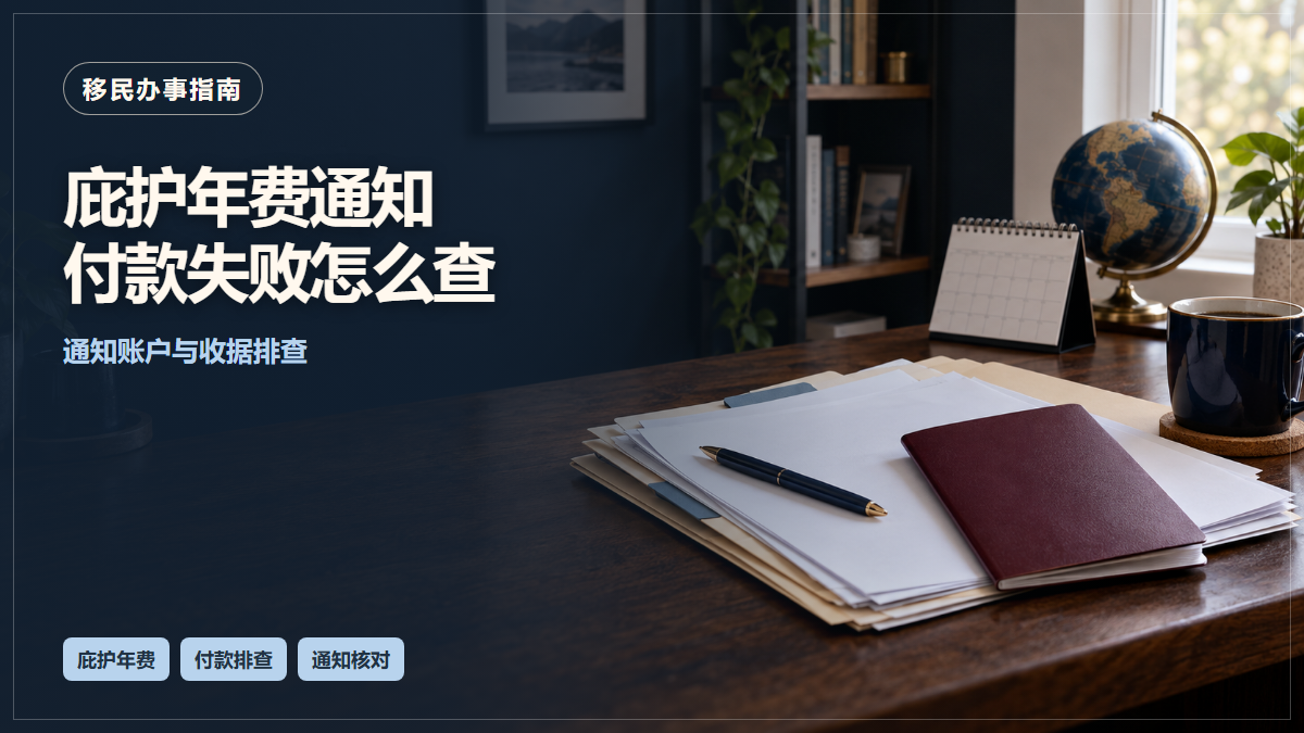 场景示意:桌上的护照册、文件夹与日历;庇护年费通知付款失败怎么查,通知账户与收据排查。