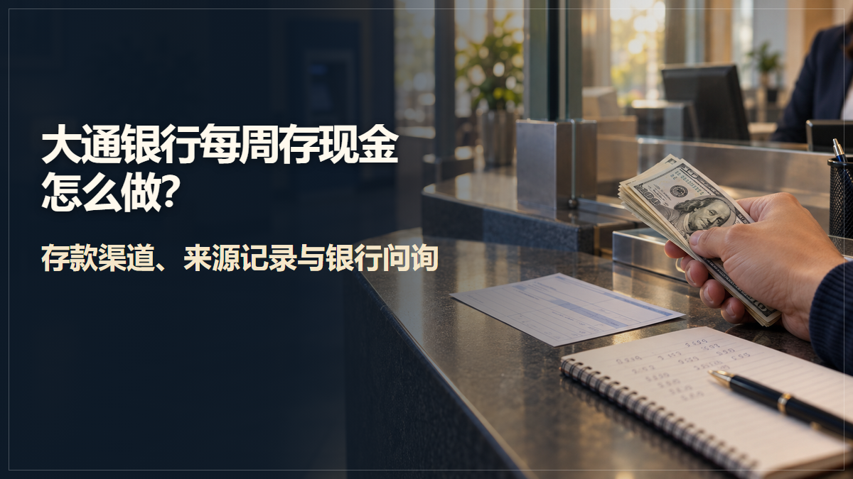 美国银行柜台前手持现金，桌上有存款单与记账本；图中文字说明大通银行每周存现金的渠道、记录与问询