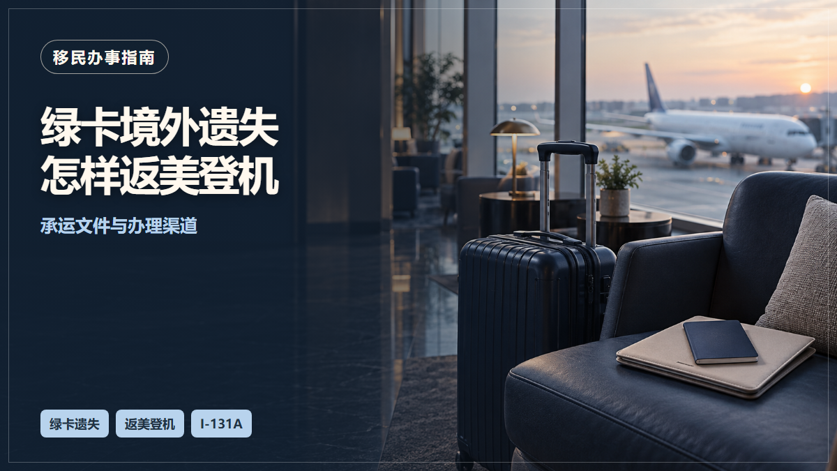 场景示意：机场座椅旁的行李箱与旅行文件；绿卡境外遗失怎样返美登机，承运文件与办理渠道。