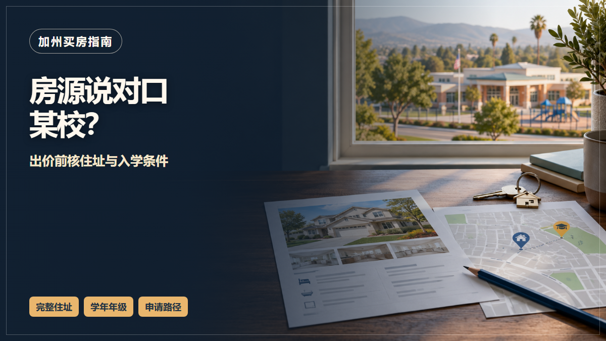 桌上有加州房源资料、示意地图和钥匙，窗外是学校建筑；图中文字提示核对地址与入学条件