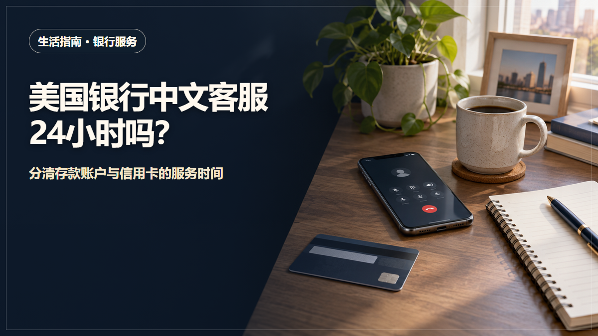 桌上摆放手机通话界面、银行卡和笔记本；图中文字提示核对美国银行存款账户与信用卡客服时间