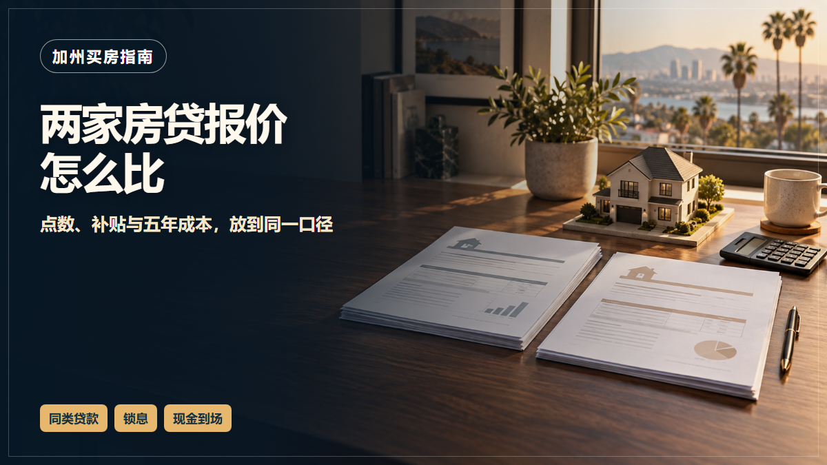 加州买房书桌上并排的两份房贷估算文件、房屋模型与计算器,图中文字提示比较两家报价