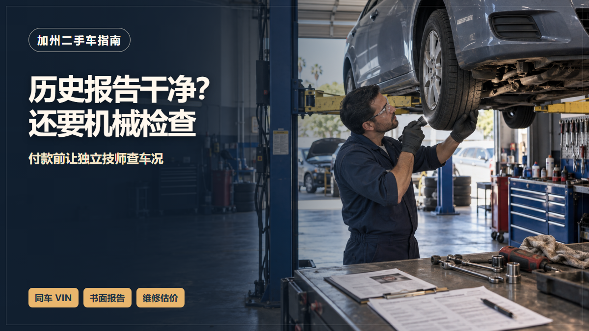独立技师在修车间举升机旁检查二手车前轮；图中文字提醒历史报告干净仍应做购前机械检查