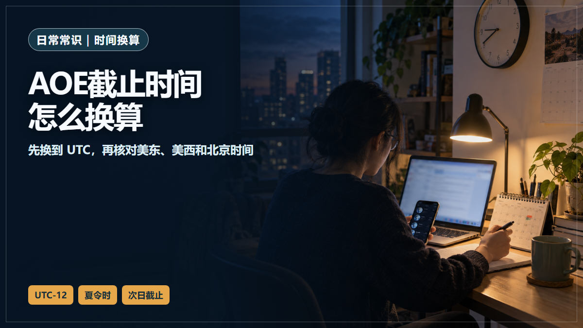 留学生在书桌前用电脑、手机和日历核对AOE截止时间与本地时区