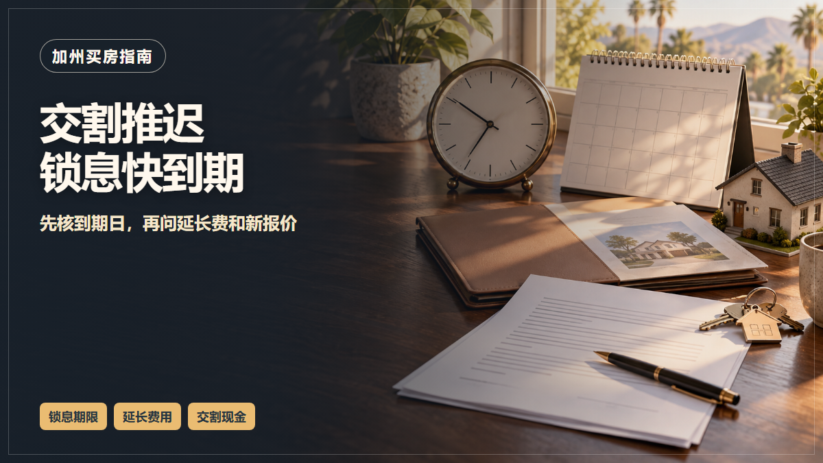 加州买房书桌上的时钟、日历、房屋文件与钥匙，图中文字提醒交割推迟时核对锁息到期和延长费用