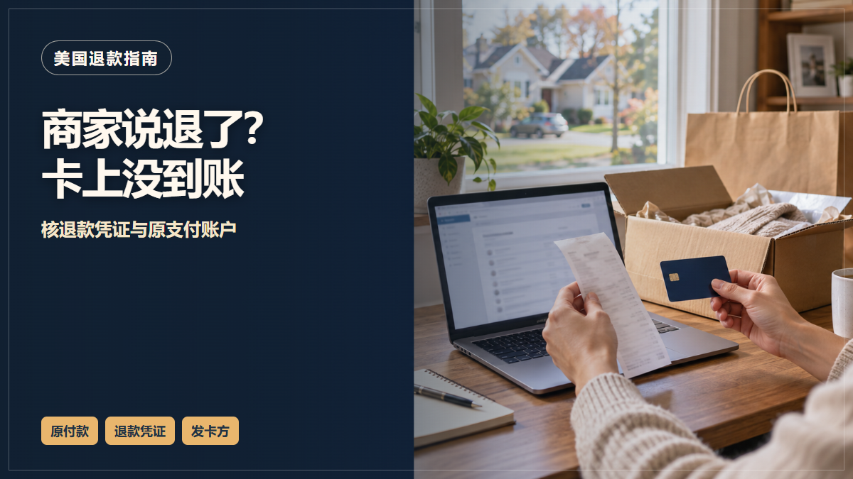 消费者在桌前对照退货收据、付款卡和电脑上的账户记录，旁边放着退回的商品；图中文字提示商家称已退款但卡上未到账