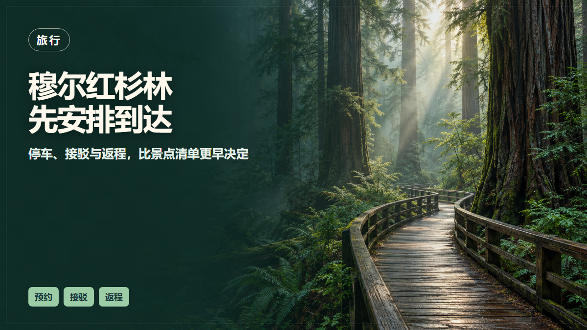 红杉林与木栈道的AI场景示意，不代表穆尔红杉林某条步道的实时状况
