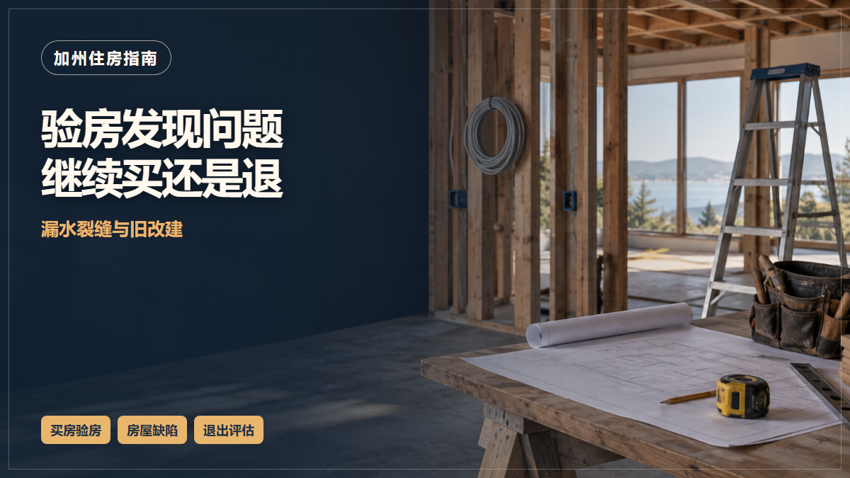 场景示意：装修中的住宅、梯子与施工图纸；验房发现问题继续买还是退，漏水裂缝与旧改建。