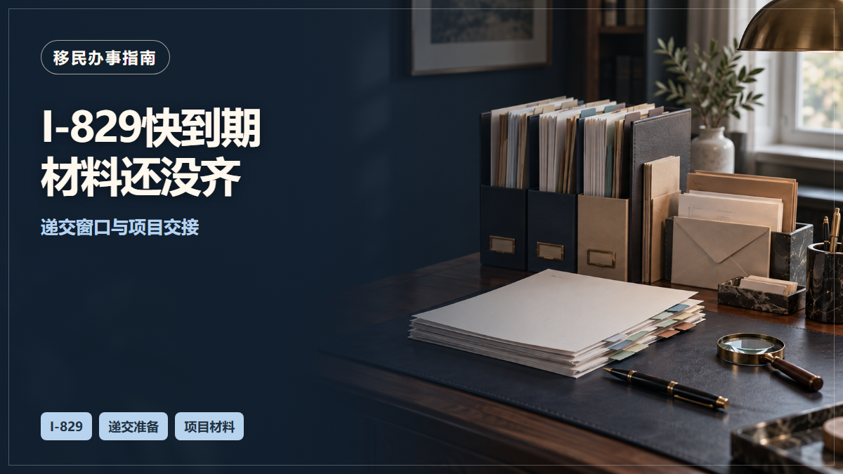 场景示意：按顺序整理的档案、信封与文件夹；I-829快到期材料还没齐，递交窗口与项目交接。