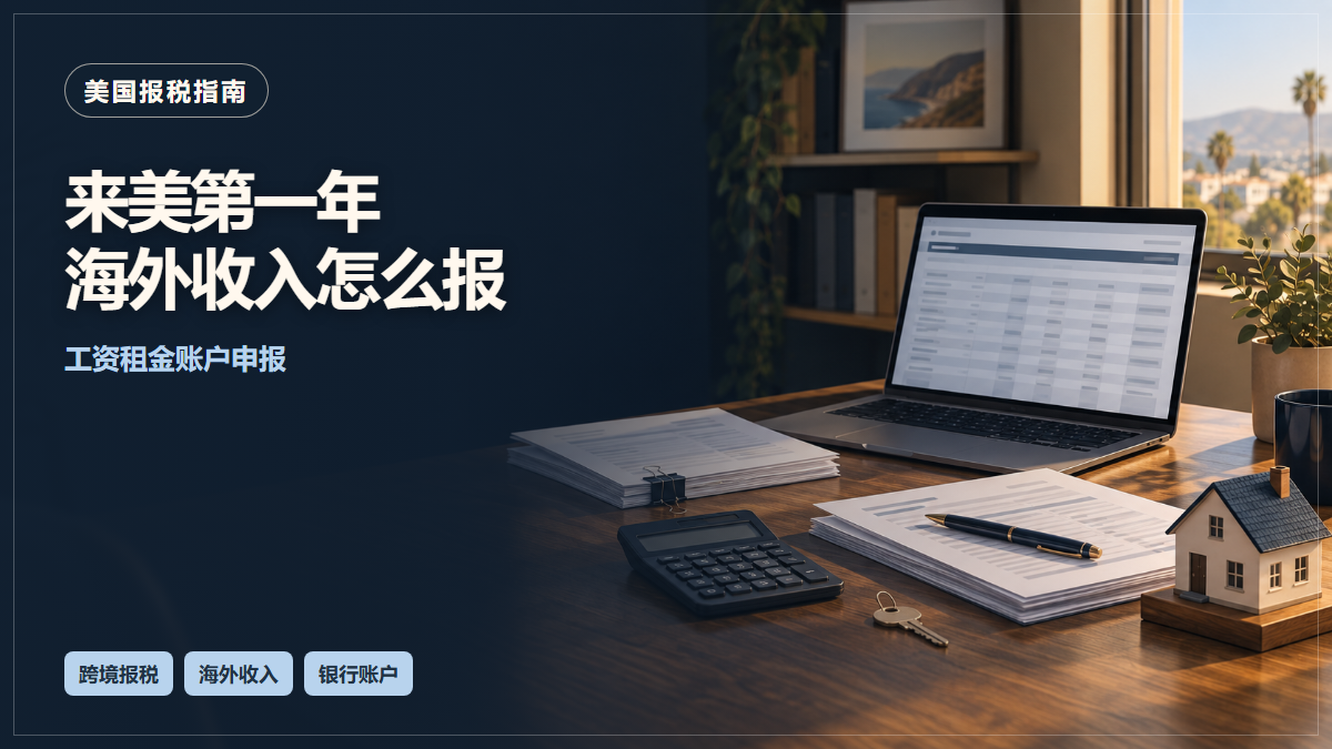 场景示意：桌上的财务资料与核算工具；来美第一年海外收入怎么报，工资租金账户申报。