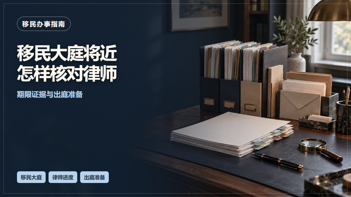 场景示意：按顺序整理的档案、信封与文件夹；移民大庭将近怎样核对律师，期限证据与出庭准备。