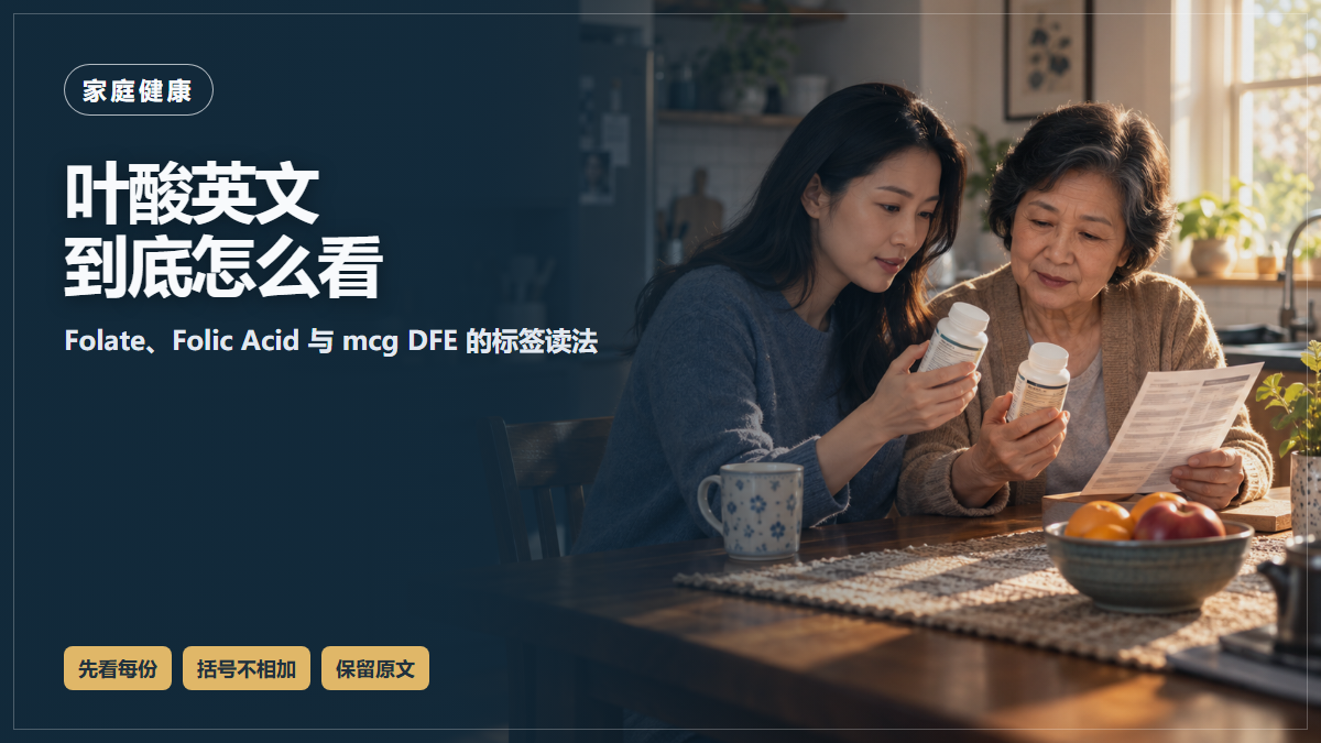 华人母女在家核对美国补充剂标签上Folate与Folic Acid词语的AI场景示意