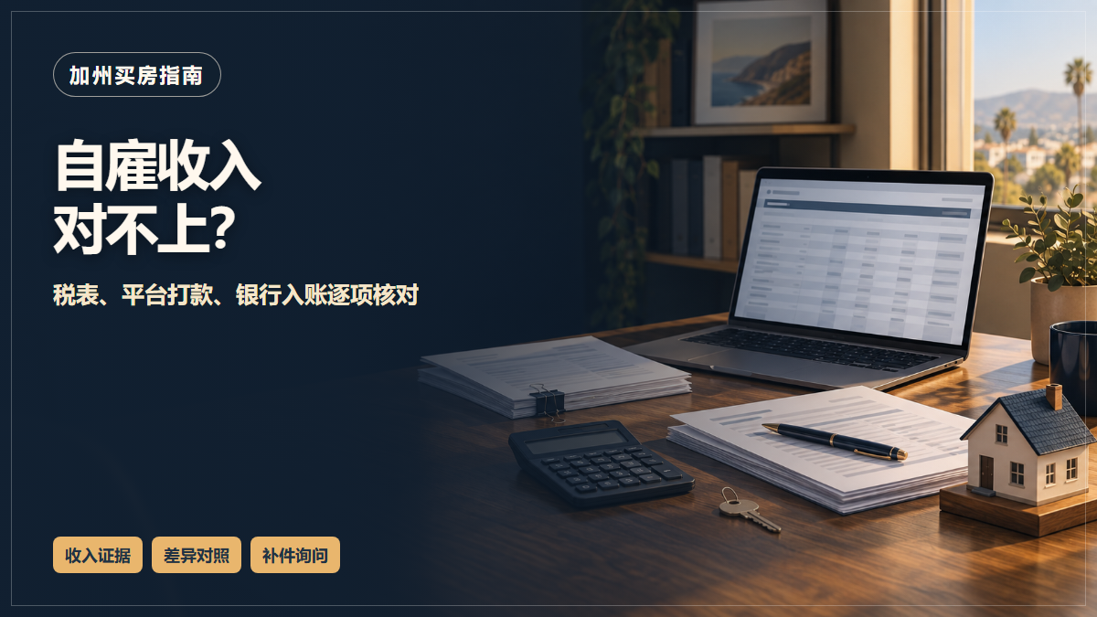 加州买房桌面上的经营文件、模糊平台记录、计算器和房屋钥匙；画面提示核对自雇收入差异