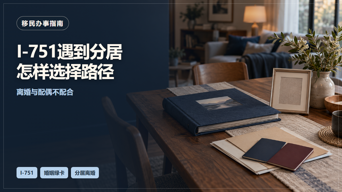场景示意：家中桌上的相册、文件与护照册；I-751遇到分居怎样选择路径，离婚与配偶不配合。