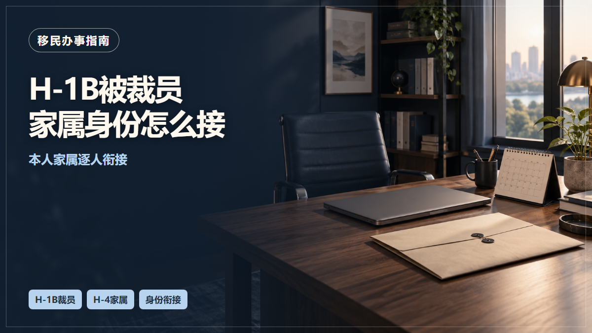 场景示意：办公桌上的电脑、信封与日历；H-1B被裁员家属身份怎么接，本人家属逐人衔接。