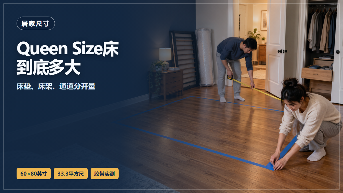 华裔住户在北美卧室用卷尺和蓝色胶带标出Queen床架外廓，并检查房门和衣柜抽屉空间的AI场景示意，非现场实拍
